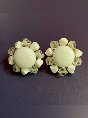 Vintage Stamped Japan White and Clear Clip on Earrings